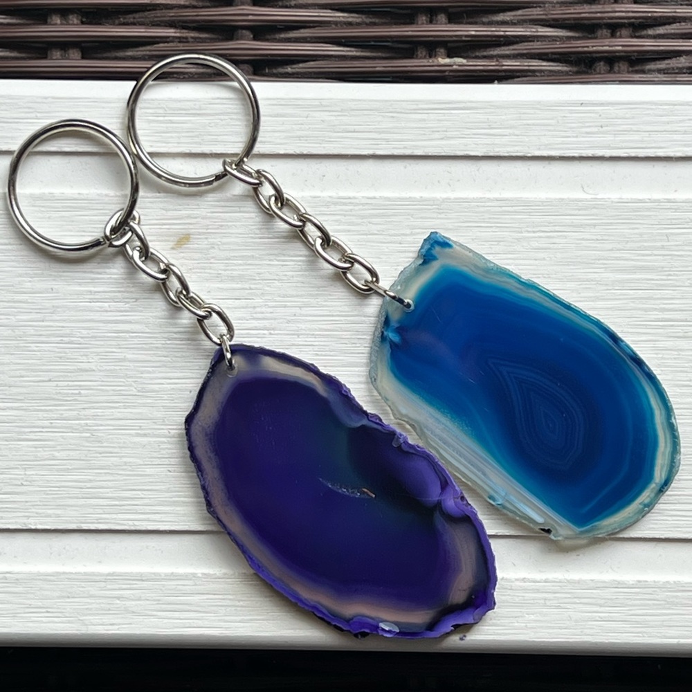 Banded Agate Slice Keychains 1 Blue and 1 Purple